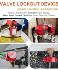 Gate Valve Lockout Kit Two Pack One To Two And A Half Inch Diameter Outdoor Red Locks secured on propane tank and water spigot