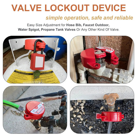 Gate Valve Lockout Kit Two Pack One To Two And A Half Inch Diameter Outdoor Red Locks secured on propane tank and water spigot