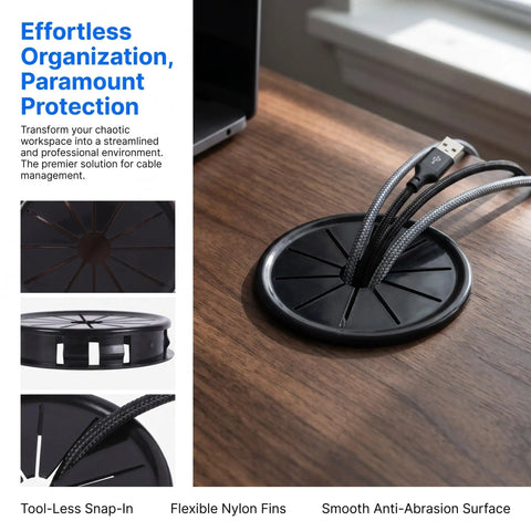 Check These 10 Pack Black Cable Grommets For Your Desk. Petalshaped Design Makes Wiring A Breeze With Secure Grip Locking Tabs To Save The Day And Keep Cords Safe From Damage While Styling Out Your Setup. black round desk cable grommet with braided cords