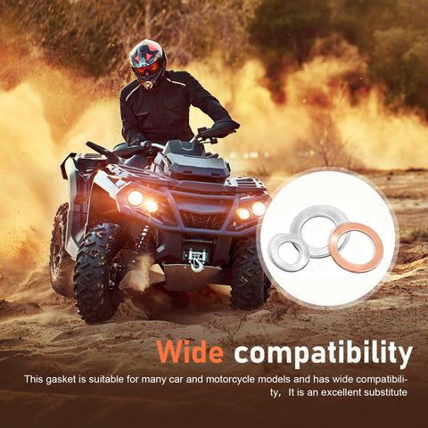 100 Piece Oil Drain Plug Gasket Set With Copper Crush Washers And Aluminum Washers shown with an ATV and wide compatibility text