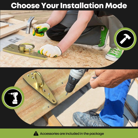 Person installing Built Like a Tank Pro Grade Bull Ring Roof Anchor for Fall Protection Zinc Coated Steel using a hammer and drill.