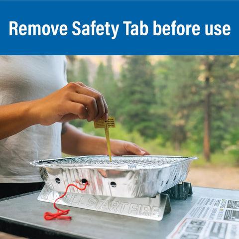 Removing safety tab from Disposable Portable Charcoal BBQ With Pull Start Ignition For Quick Fire Up In Minutes And A Solid 3 Hour Burn