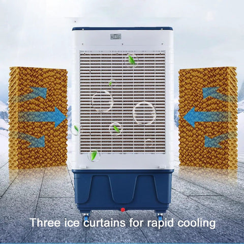 Kick Serious Heat With This Rock Solid Portable Swamp Air Cooler Featuring Multidirectional Oscillation And High Velocity Airflow, showing ice curtains and evaporative media.