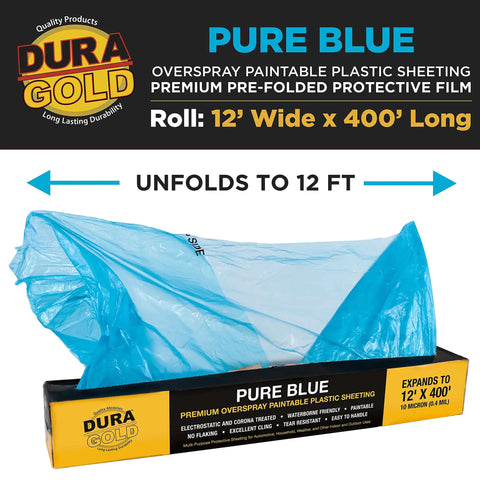Blue Protective Masking Film Cover For Painting Projects Overspray Shield Paintable Plastic Sheeting Roll 20 Feet By 250 Feet 10 Micron Thin Electrostatic Cling Auto And Home Painting Protection For DIYers, displayed with box.
