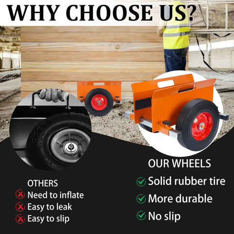 Comparison of Orange Beefy Heavy Duty Panel Dolly wheels, showing solid rubber tire advantages and durability.
