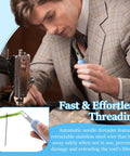 Man using sewing machine with 2 Pack Needle Threaders For Hand Sewing And Embroidery No Fuss Automatic Threader inset close-up.