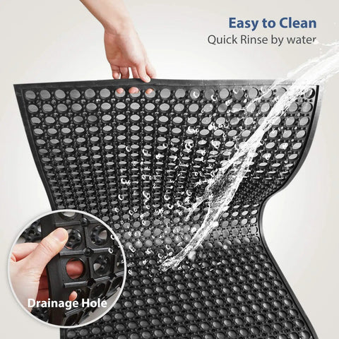 Outdoor Rubber Mat For Kitchens And Restaurants, Anti Fatigue Floor Mat 24 X 36 Inches With Drainage Holes, shown being rinsed