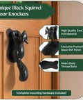 Black Cast Iron Squirrel Shaped Door Knocker With Mounting Hardware, 6.75 Inch Front Door Accessory, Weatherproof Finish