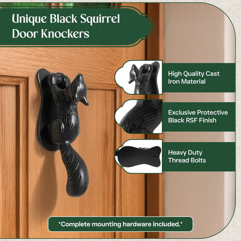 Black Cast Iron Squirrel Shaped Door Knocker With Mounting Hardware, 6.75 Inch Front Door Accessory, Weatherproof Finish