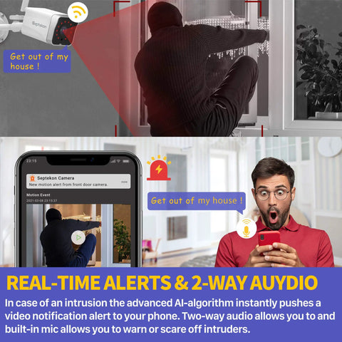 Outdoor WiFi Security Camera 1080P, IP66 Weatherproof Surveillance, showing real-time alerts and intruder at night.