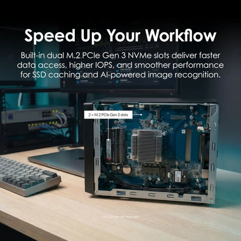 Inside view of Heavy-Duty 4-Bay Desktop Nas Built To Crush Massive Data Loads Without Breaking A Sweat, showcasing dual M.2 PCIe Gen 3 slots.