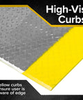 High-visibility yellow curbs on Beefy Aluminum Dock Plate 48 x 60 For Pallet Jacks And Hand Carts, 2900 Lb Capacity.