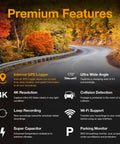 Autumn road with features of 4K Ultra HD GPS Dash Cam, 2.4 Inch LCD, WiFi, 170 Degree Wide Angle, G Sensor, WDR, Loop Recording.