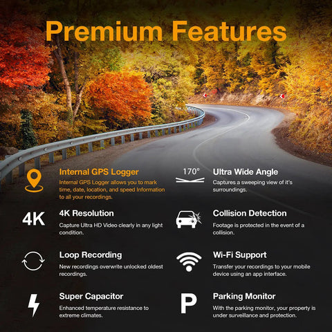 Autumn road with features of 4K Ultra HD GPS Dash Cam, 2.4 Inch LCD, WiFi, 170 Degree Wide Angle, G Sensor, WDR, Loop Recording.