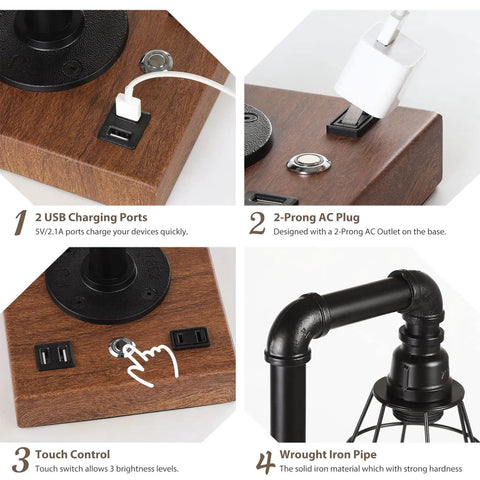 Details of the Industrial Style Touch Control Table Lamp With LED Bulb Included, 3 Way Dimmer, 2 USB Ports And AC Outlet