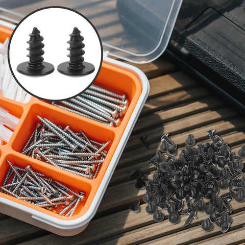 100 Pack Black Carbon Steel Wood Screws M4 X 10mm Self Tapping Fasteners in a plastic container on a wooden surface.
