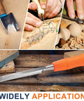 5 16th Inch Carbon Steel Beveled Edge Wood Chisel With Plastic Non Slip Handle Orange Grip on a wooden surface