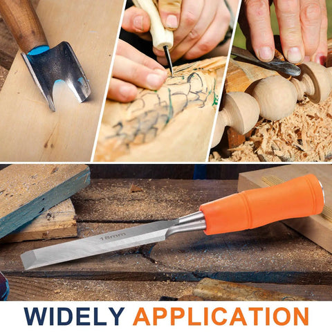 5 16th Inch Carbon Steel Beveled Edge Wood Chisel With Plastic Non Slip Handle Orange Grip on a wooden surface
