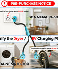 Image showing a Three Prong Dryer Y Splitter Cord 2 Ft NEMA 10 30P Male to Two NEMA 10 30R Female in use with dryer and EV charger.