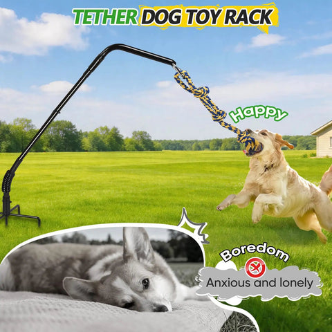 Tether Dog Toy Rack With 3 Tug Rope Toys Rotating Outdoor Tug Toy Stand, dog playing in yard, dog rack angled view.