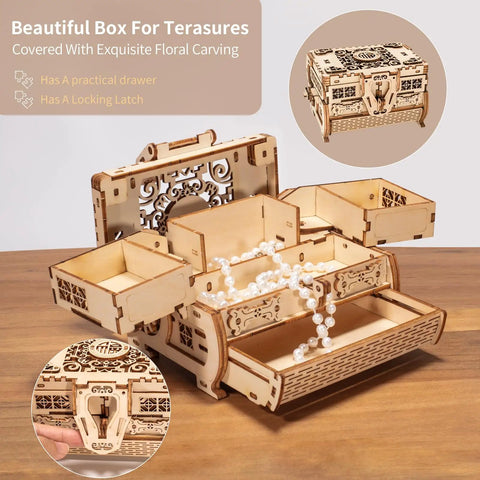 3D Wooden Puzzle Treasure Box With Moving Drawers And Mechanical Gears, DIY Model Kit For Adults And Kids, Creative Gift For Birthday Or Christmas, Fun Interactive Jewelry Storage Puzzle Box with open wooden drawers and latch