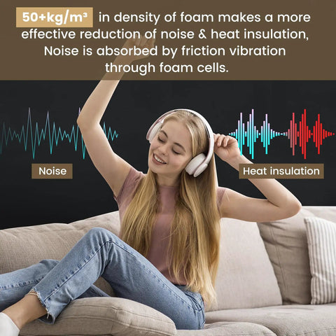 High Density Closed Cell Acoustic Foam Sheets That Hit Different At Muting Echoes And Keeping Your Space Dead Quiet With Super Grippy Self Adhesive Backing For Fast Setup, shown with sound waves and a woman enjoying music.