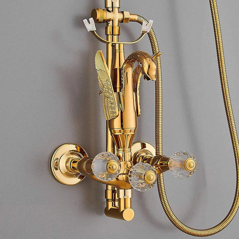 Modern Wall Mounted Shower System With Large Rainfall Shower Head And Ergonomic Handheld Sprayer Matte Black Bathroom Faucet Set Badass Finish With Hella Smooth Flow And Water Saving Filter That Truly Slaps Your Daily Routine, gold finish faucet with feather design and crystal knobs.