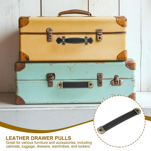 Black Leather Strap Cabinet Handles Set Of 2 With Solid Iron Sheet 5 6 Inch Industrial Drawer Pulls Featuring Legit Pu Material on vintage suitcases.