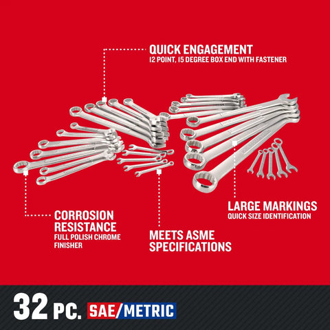 32-piece SAE and metric wrench set with 12-point box end, 15-degree offset, full polish chrome finish, corrosion resistant shown