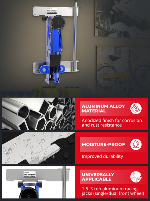 Heavy Duty Aluminum Floor Jack Wall Mount For 1.5 To 3 Ton Low Profile Jacks Universal Holder with Handle Loops shown installed