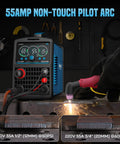 Front view of 55A Plasma Cutter with Dual Voltage 110 And 220 Volt, Inverter IGBT Technology, Large LED Display, cutting metal.