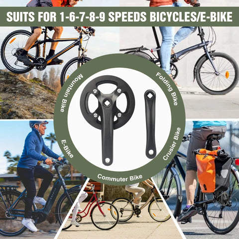 One Piece 38T Mountain Bike Crankset With 170Mm Arm And 104 BCD Steel Construction Single Sided Aluminum Alloy Chain Cover To Keep Your Pants From Getting Dirty Compatible With Six To Eleven Speed MTB And Single Speed Black shown with various bike types