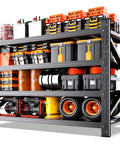 Built Tough Four Tier Metal Storage Shelves Featuring Massive 5000 LB Load Limit And Adjustable Design with various containers and tools.