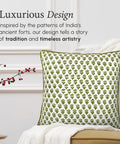 Emerald Green Block Print 18x18 Boho Cotton Throw Pillow Covers Set Of 2 With Hidden Zipper, Cozy Farmhouse Decor Cushions For Living Room And Bedroom, Modern Vintage Pattern, Soft And Durable. Green block print throw pillow on white chair