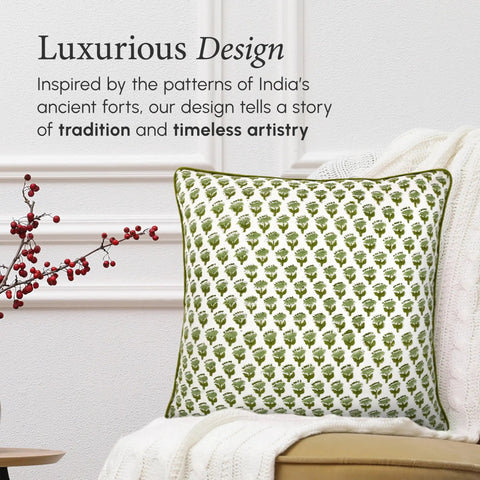 Emerald Green Block Print 18x18 Boho Cotton Throw Pillow Covers Set Of 2 With Hidden Zipper, Cozy Farmhouse Decor Cushions For Living Room And Bedroom, Modern Vintage Pattern, Soft And Durable. Green block print throw pillow on white chair