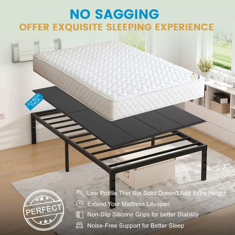 Heavy Duty Queen Bunkie Board 60x80 Low Profile Mattress Foundation on slats supporting a mattress, preventing sagging.