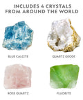 Four crystals including blue calcite, quartz geode, rose quartz, and fluorite from Mega Crystal Growing Kit For Kids Grow 6 Colorful Crystals With Light Up Stand Fast Growing Kid Friendly Science Gift For Ages 8 To 12 Crystal Making Experiment For Girls And Boys.
