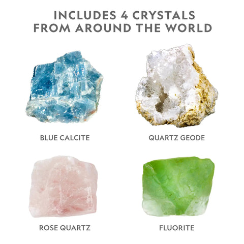 Four crystals including blue calcite, quartz geode, rose quartz, and fluorite from Mega Crystal Growing Kit For Kids Grow 6 Colorful Crystals With Light Up Stand Fast Growing Kid Friendly Science Gift For Ages 8 To 12 Crystal Making Experiment For Girls And Boys.