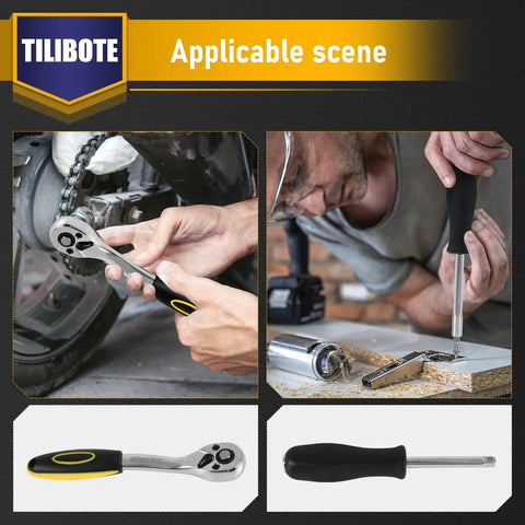 Person using 62 Piece One Quarter Inch Drive Ratchet Wrench Set With 72 Tooth Ratchet SAE And Metric for motorcycle and DIY repairs