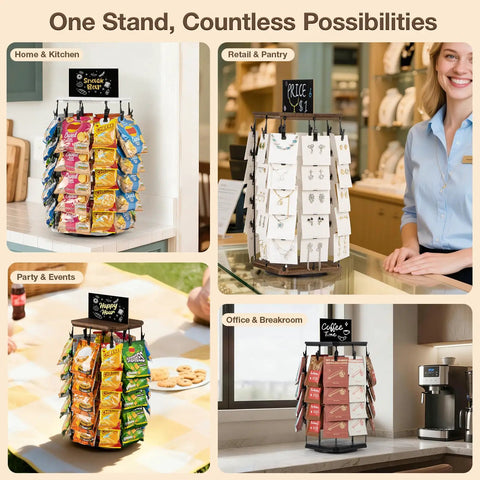 Multiple uses of Wooden Chip Rack Display Stand With 5 Tiers And 40 Clips, 360 Degree Rotating Snack Display in various settings.