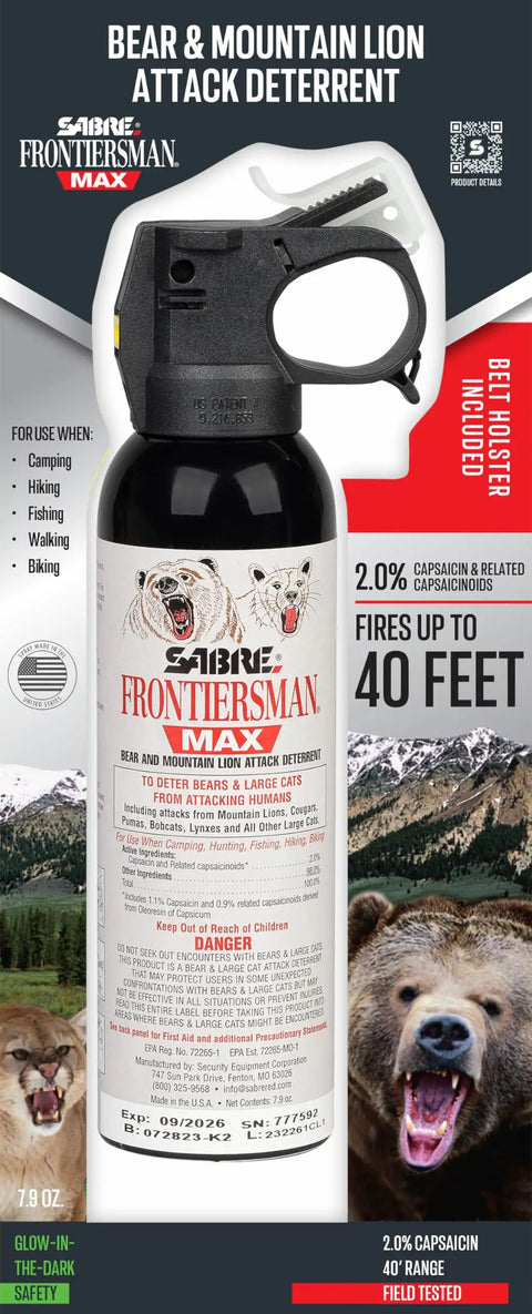 Frontiersman Max Bear Spray And Mountain Lion Deterrent With 40 Foot Range For Outdoor Folks Max Strength 2.0 Percent Major Capsaicinoids EPA Registered Self Defense For Hiking Camping Hunting Fishing And Biking 7.9 Oz. bottle with label details