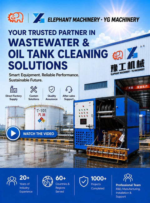 Elephant Machinery building with wastewater and oil tank cleaning equipment outside, highlighting services and support information.