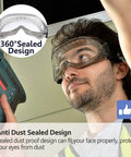 Worker wearing Over Glasses Safety Goggles For Men And Women Anti Fog And Anti Scratch HD Lens ANSI Z87 And EN166 Approved Eye Protection For Work Clear Vision Through Temperature Changes All Day Comfort And Durability using power tool, 360° sealed design inset.