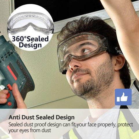 Worker wearing Over Glasses Safety Goggles For Men And Women Anti Fog And Anti Scratch HD Lens ANSI Z87 And EN166 Approved Eye Protection For Work Clear Vision Through Temperature Changes All Day Comfort And Durability using power tool, 360° sealed design inset.
