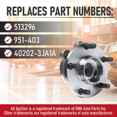 Front Wheel Hub Bearing Assembly For Infiniti And Nissan Vehicles Including QX60 JX35 Altima Maxima Pathfinder Replaces 513296 951403 402023JA1A For A Smooth Quiet Ride And Easy Install with replacement part numbers listed.