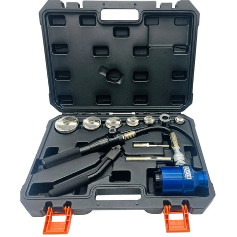 Beefy 120KN Hydraulic Knockout Hole Punch Driver Kit 1/2 to 2 Inch Conduit Cutter Set with open case showing components