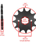 Detailed view of 12 tooth sprocket from Honda TRX200 FourTrax 2X4 Ride Ready Drive Chain And Sprockets Kit 1990-1997 with dimensions.