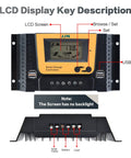 Close-up of the LCD display on 20A PWM charge controller for 12 Volt 100 Watt Solar Panel Kit with USB port and settings.