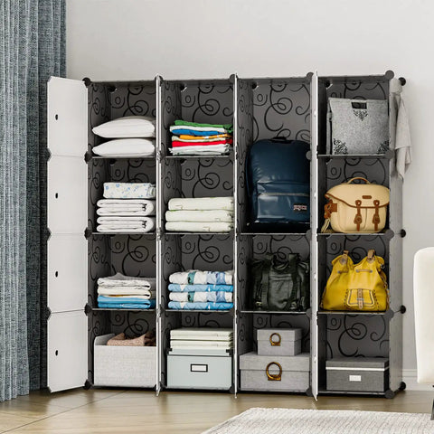 Nine Cube Portable Closet Wardrobe With Doors Space Saver Storage Organizer For Clothes Shoes And More Modular Bookcase Cubby Cabinet For Bedroom Black Durable Plastic Construction Easy Assembly Flexible Cubby Layout with various items on display.