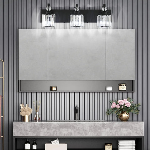 Three Light Black Crystal Vanity Lights for Bathroom Over Mirror mounted on wall, sleek matte black finish, crystal shades, 24 inch long